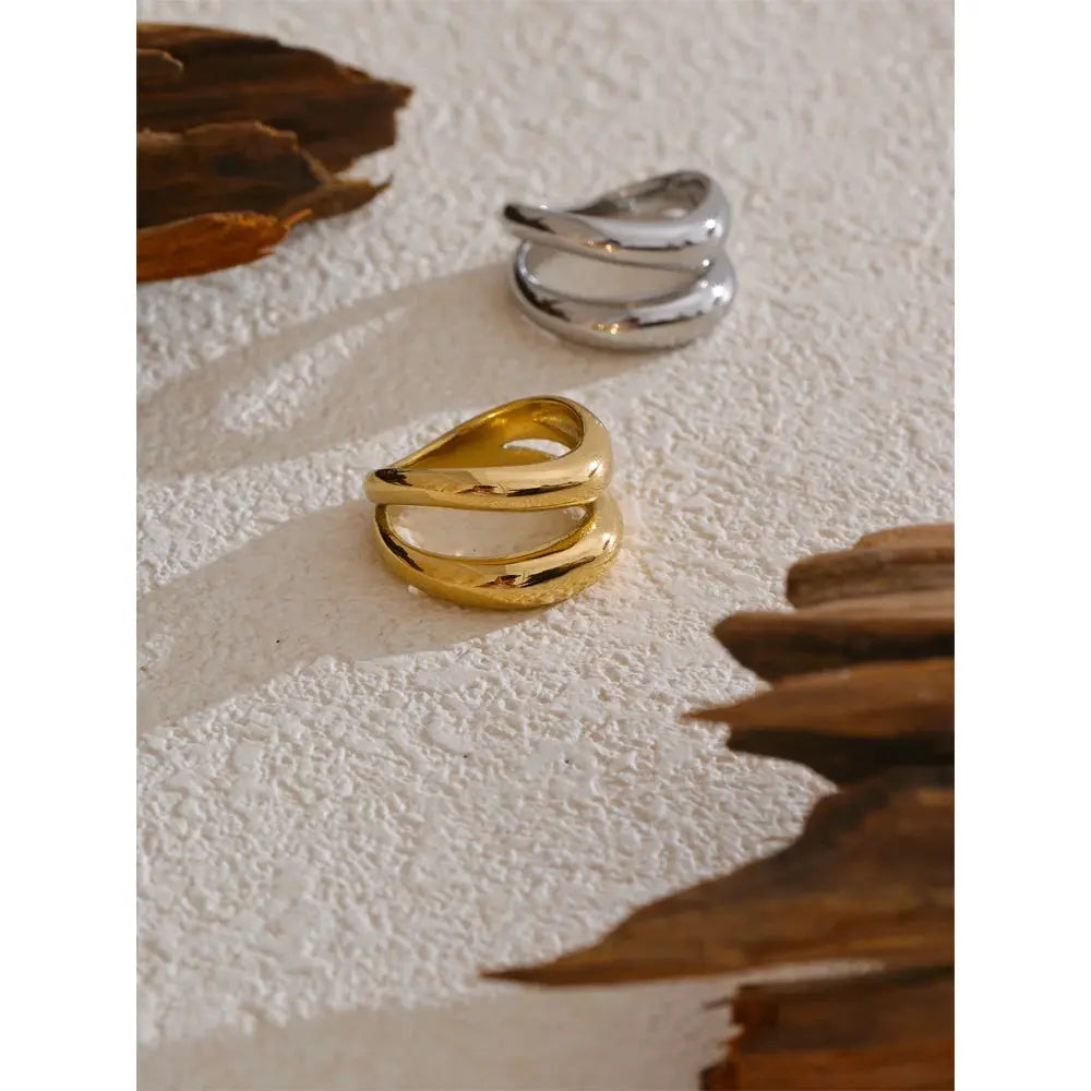 Bague Double Couche Géométrique Texturée — Argent 925 Plaqué Or 18K Bijoux de Paris