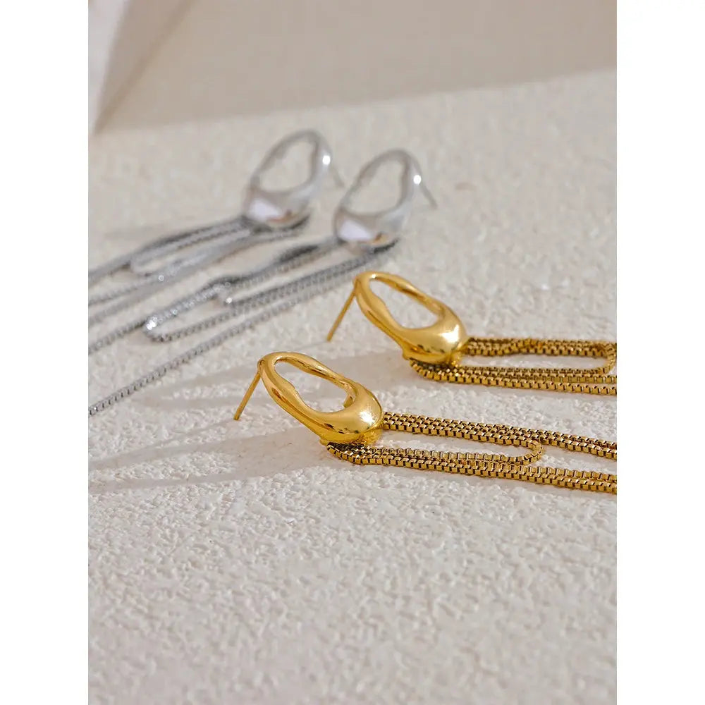 Boucles Pendantes Géométriques à Chaîne — Argent 925 Plaqué Or 18K Bijoux de Paris