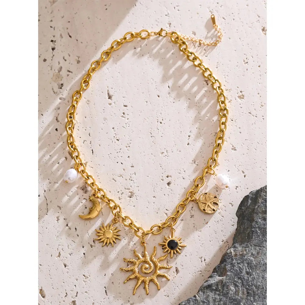 Collier Pendentif Céleste - Étoile, Lune et Soleil — Argent 925 Plaqué Or 18K From Paris Jewelry