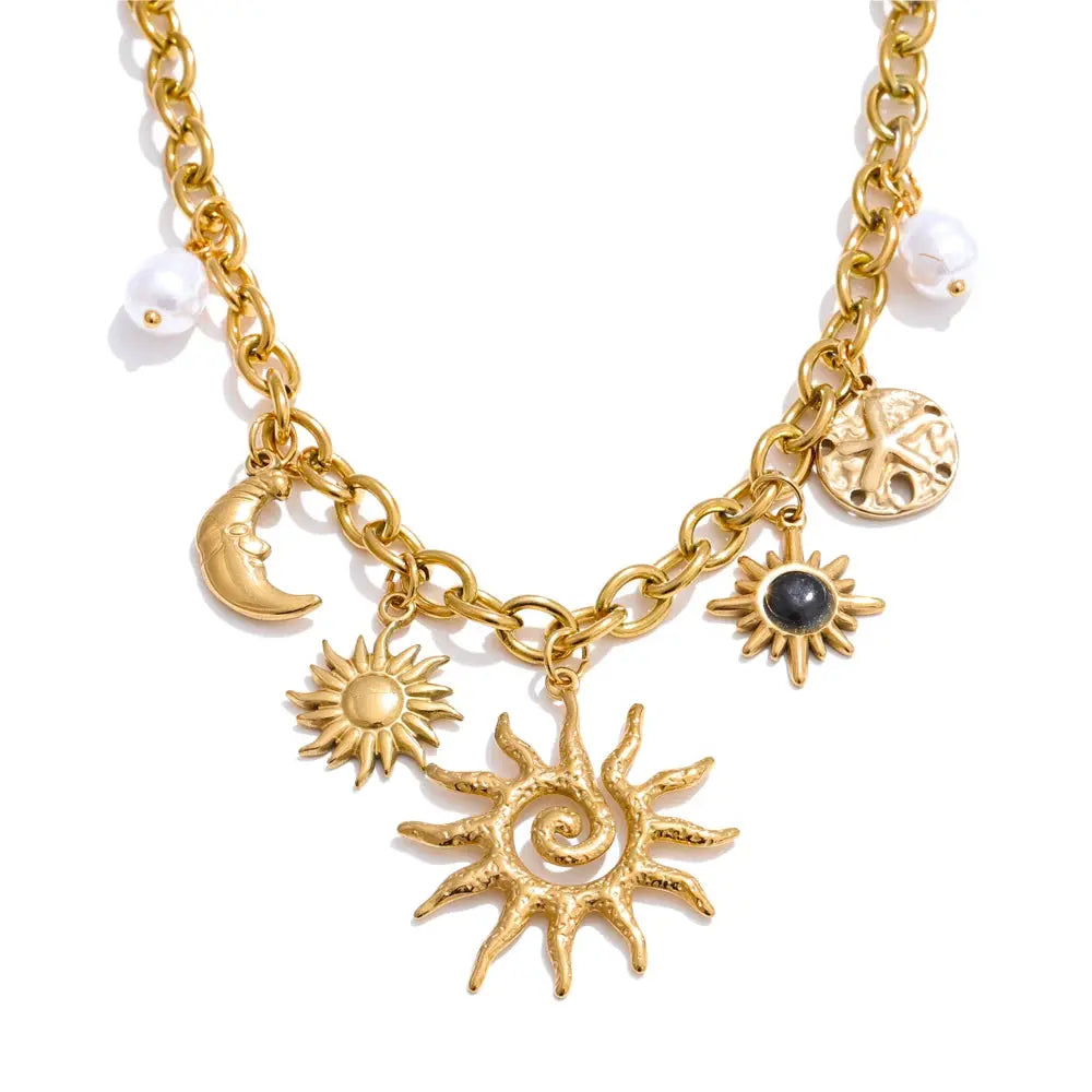 Collier Pendentif Céleste - Étoile, Lune et Soleil — Argent 925 Plaqué Or 18K From Paris Jewelry