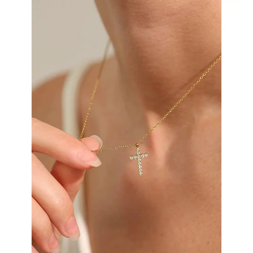 Collier Pendentif Croix Zircone — Argent 925 Plaqué Or 18K Bijoux de Paris