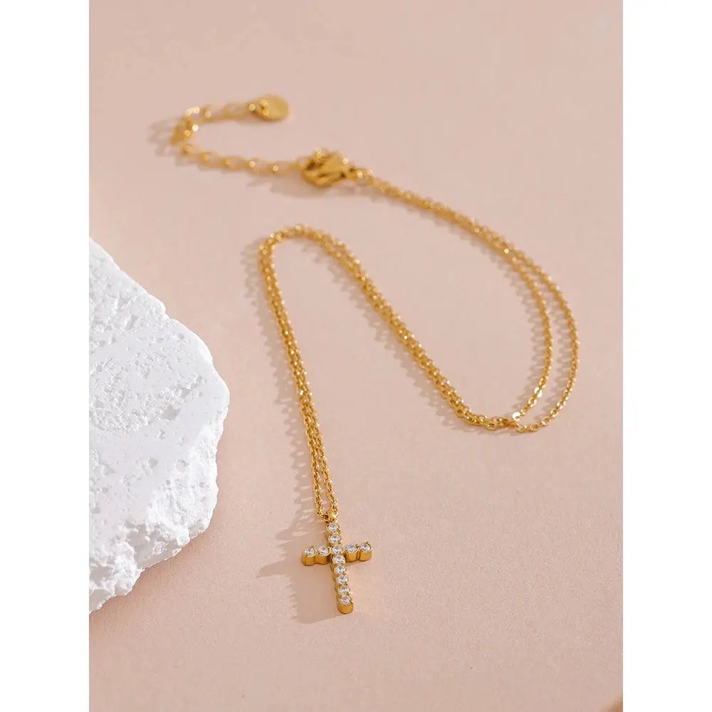Collier Pendentif Croix Zircone — Argent 925 Plaqué Or 18K Bijoux de Paris