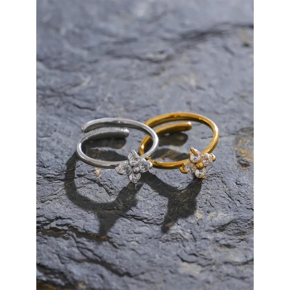 Bague Fleur Zircone Scintillante — Argent 925 Plaqué Or 18K Bijoux de Paris