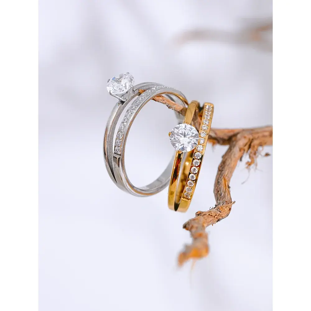 Bague Double Rang Zircone — Argent 925 Plaqué Or 18K Bijoux de Paris
