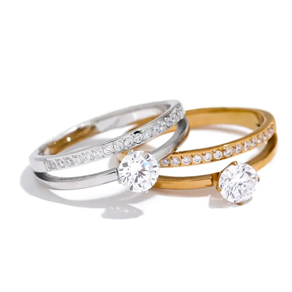 Bague Double Rang Zircone — Argent 925 Plaqué Or 18K Bijoux de Paris