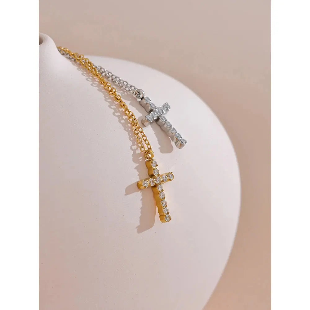 Collier Pendentif Croix Zircone — Argent 925 Plaqué Or 18K Bijoux de Paris