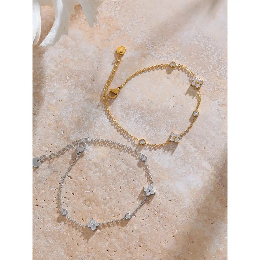 Bracelet Chaîne Fleurs en Zircone — Argent 925 Plaqué Or 18K Bijoux de Paris