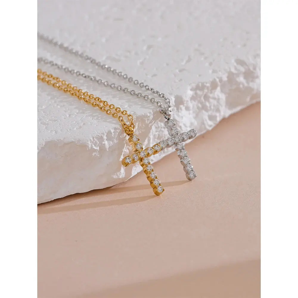 Collier Pendentif Croix Zircone — Argent 925 Plaqué Or 18K Bijoux de Paris