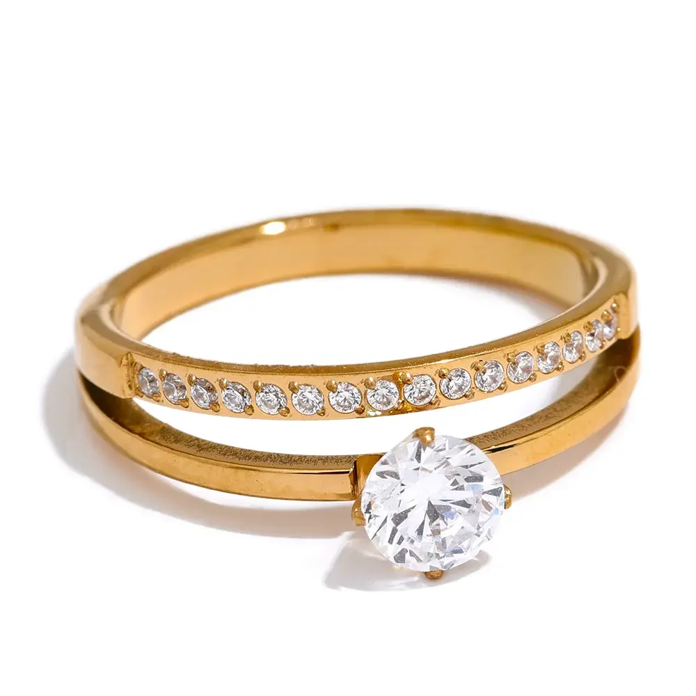 Bague Double Rang Zircone — Argent 925 Plaqué Or 18K Bijoux de Paris