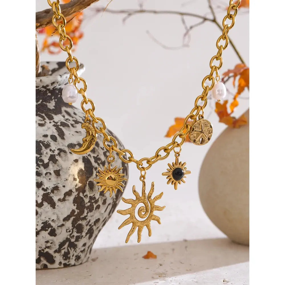 Collier Pendentif Céleste - Étoile, Lune et Soleil — Argent 925 Plaqué Or 18K From Paris Jewelry